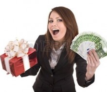 7889047-business-woman-with-money-and-gift-box--isolated
